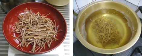 Boil the dried Menma in 85-90℃ hot water